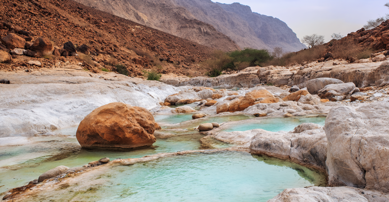 Natural sulphur pools along Wadi Al Dhahir hiking trail in Fujairah UAE
